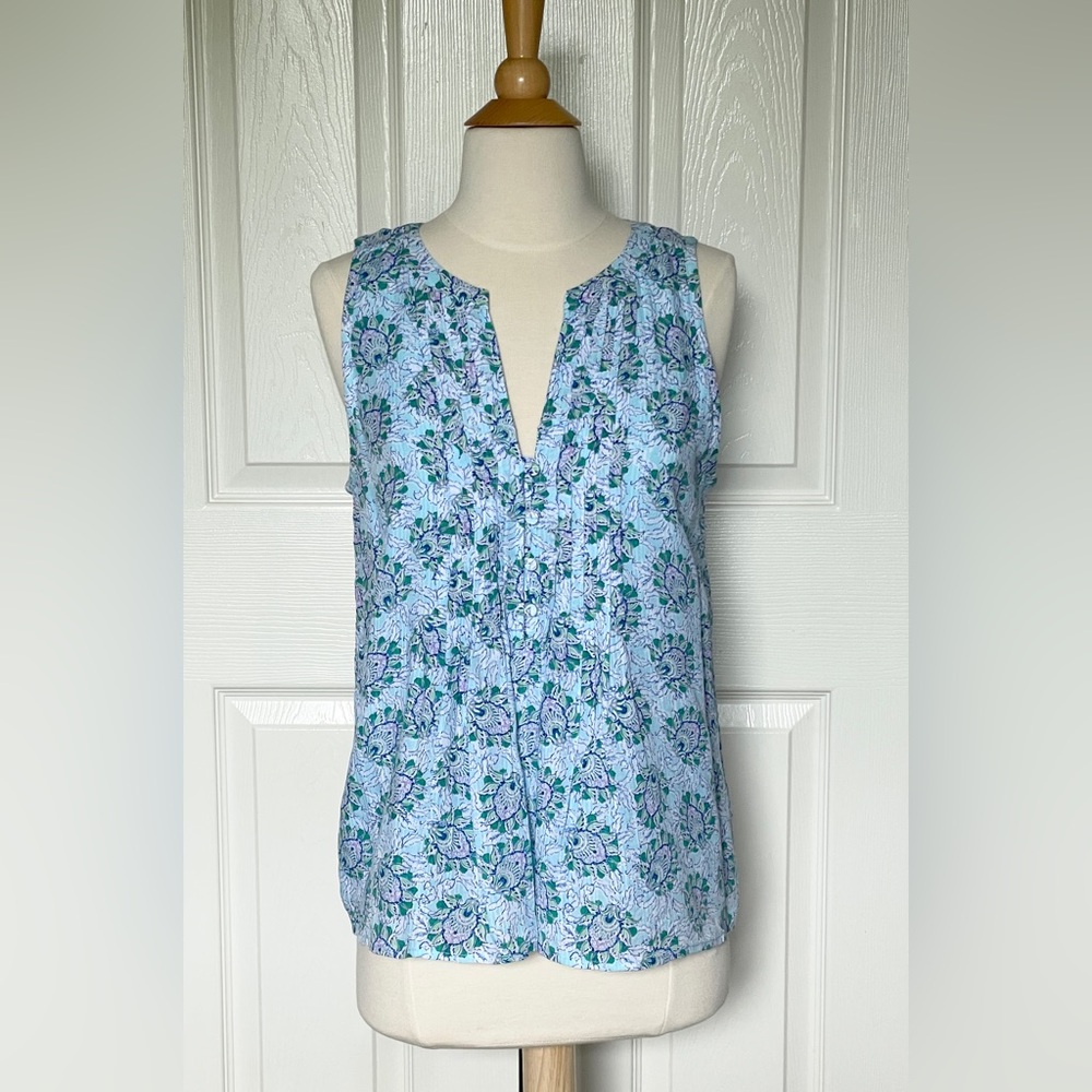 LOFT Ann Taylor Aqua Blue Floral, Split Neck Pintucked Sleeveless Blouse, Size S